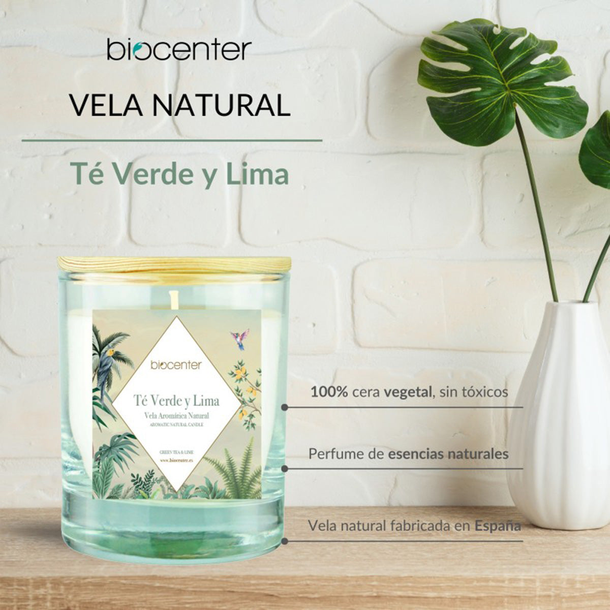 Vela natural Té verde y Lima - cera vegetal y aceites esenciales, Biocenter, 200 gr