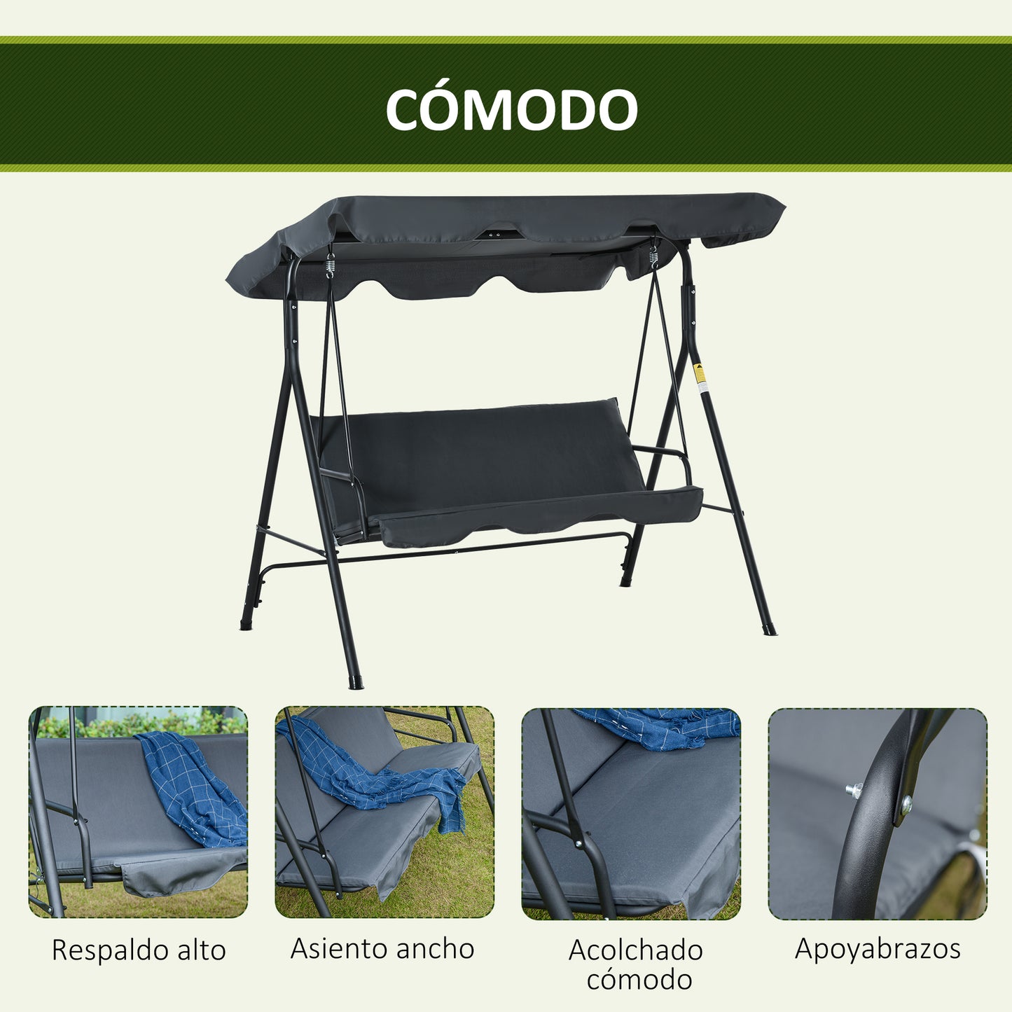 Outsunny Columpio De Jardín De 3 Plazas Con Techo Ajustable 172x110x153 Cm Gris_5