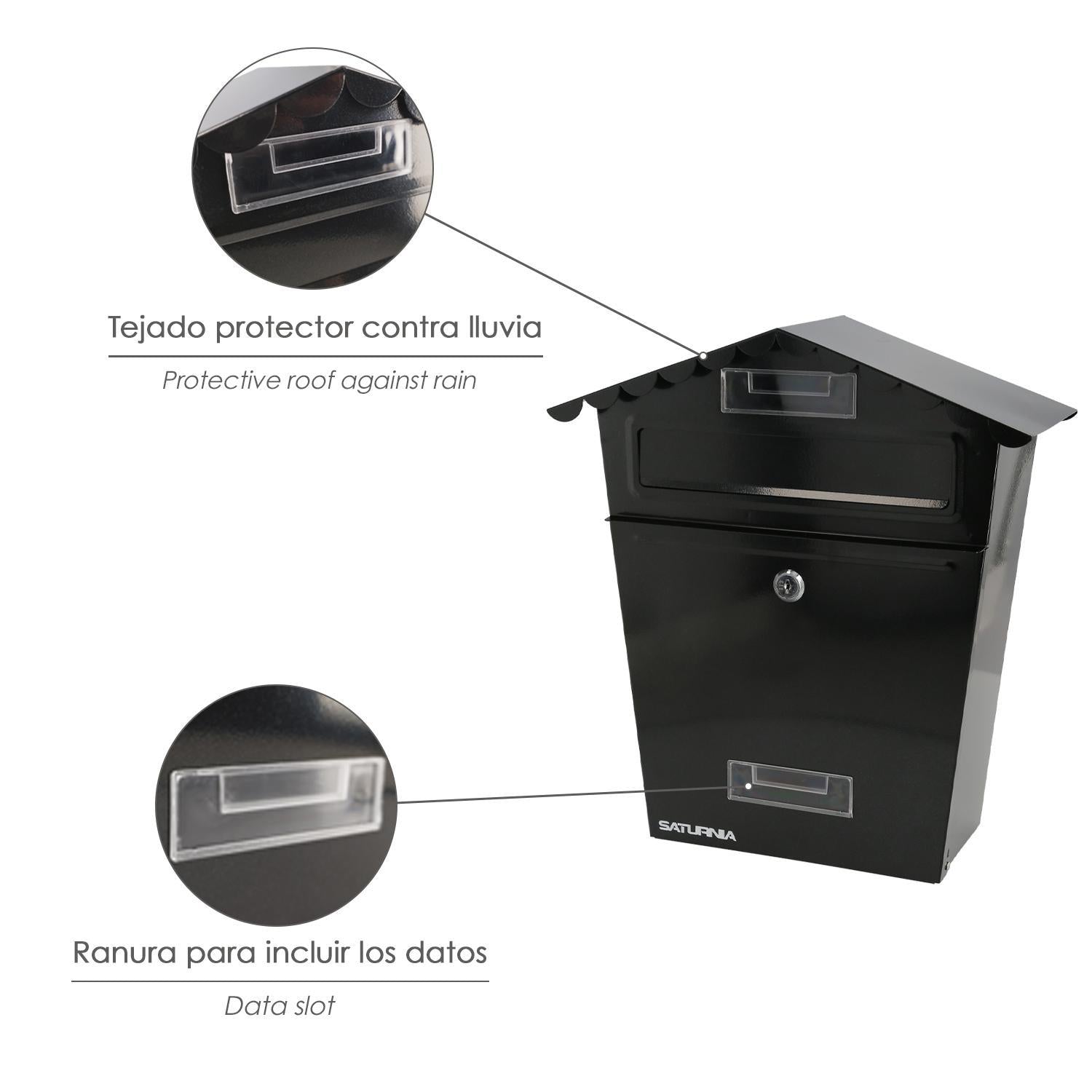 Buzon Exteriores House Negro 330 X 125 X 365 (alt.) Mm. Con Tejado, Acero Pintado. Buzon Pared, Buzon Cartas, Buzon Correos