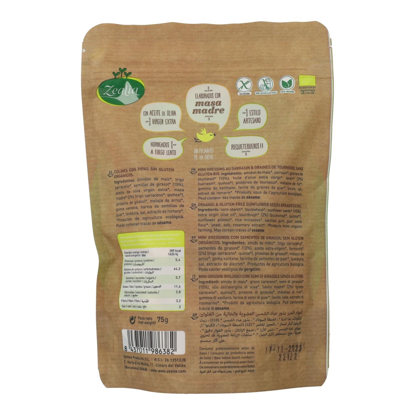 Mini Grissini Colines con Pipas BIO Sin Gluten Zealia 75 gr