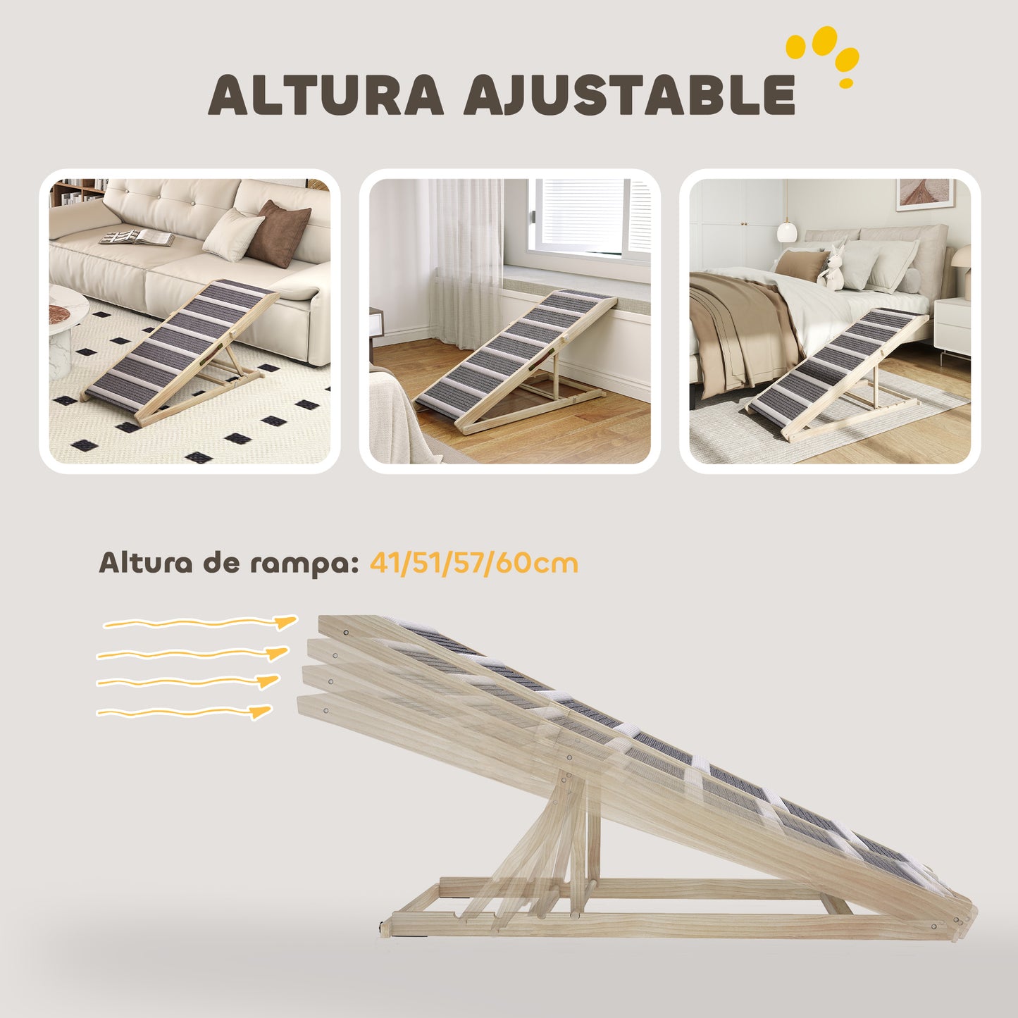 Pawhut Rampa Para Perros De Madera Plegable Altura Ajustable 41-60 Cm 120x50 Cm_5