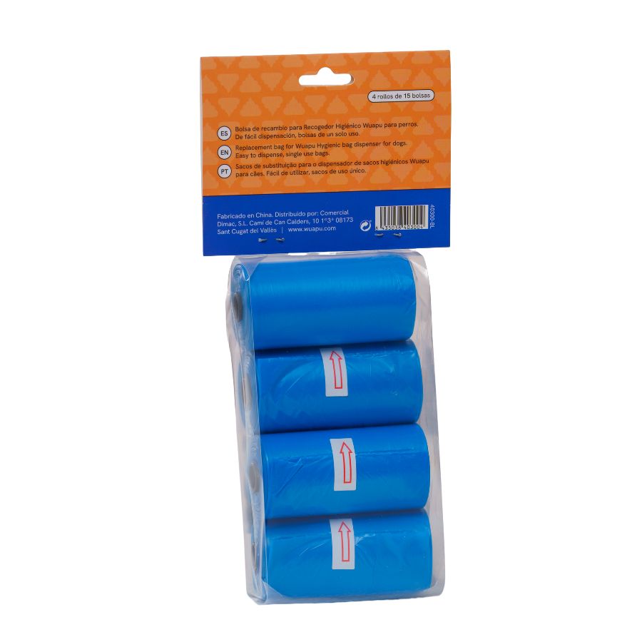 Pack 4 Rollos Color Azul De Bolsas Higiénicas Recoge Excrementos De Perro. Rollos De 15 Bolsas