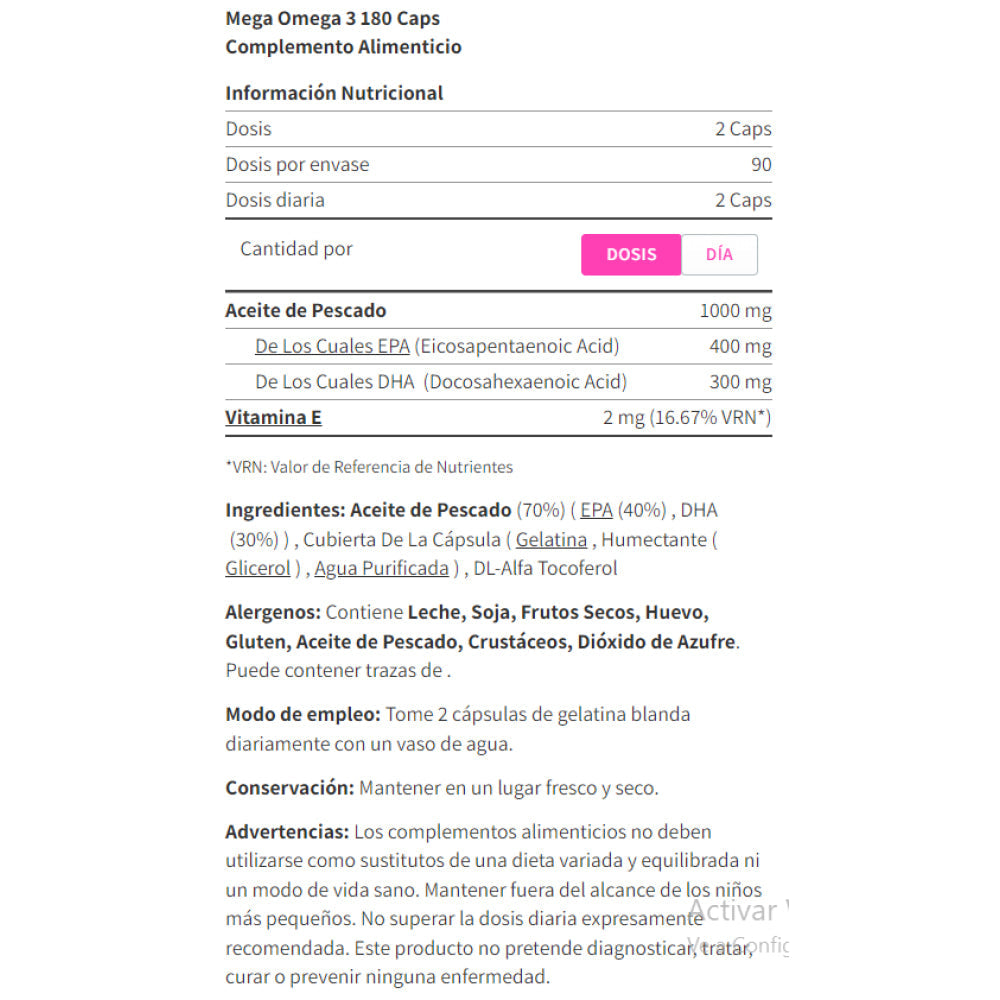 Mega Omega 3 180 Perlas