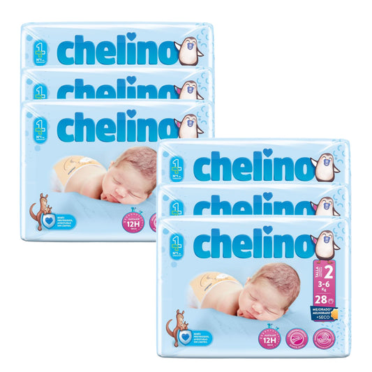 Pack 6 x Pañal T2 Recién Nacido (3-6Kg) 28 uds, Chelino