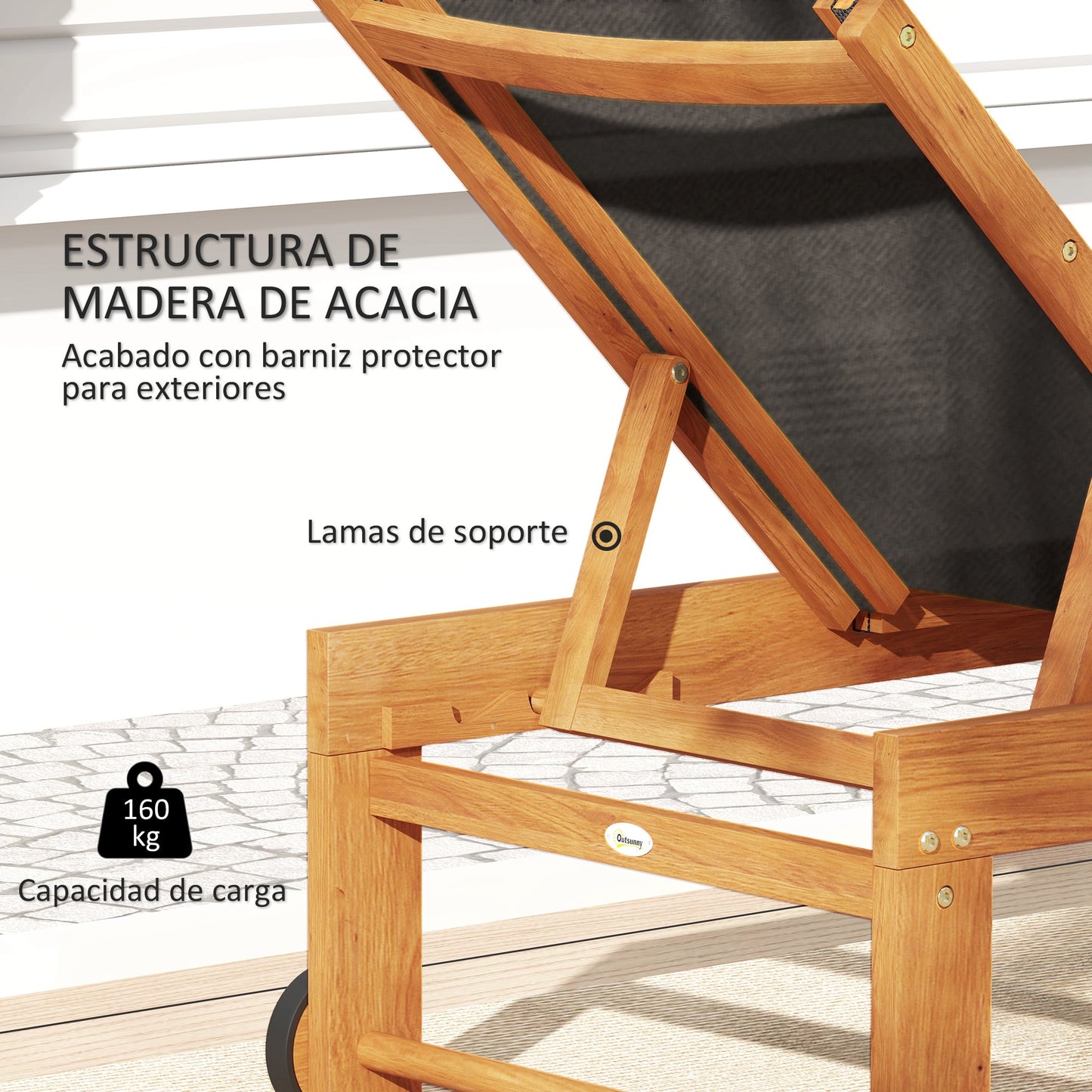 Outsunny Tumbona De Madera De Acacia Con Ruedas Respaldo Ajustable Negro_5