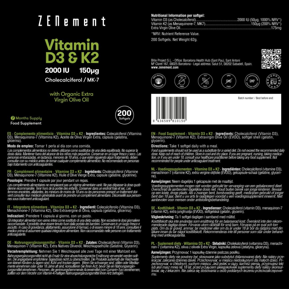 Vitamina D3 + K2, Colecalciferol (2000 UI) & MK-7 (150 μg) Zenement, 200 comprimidos