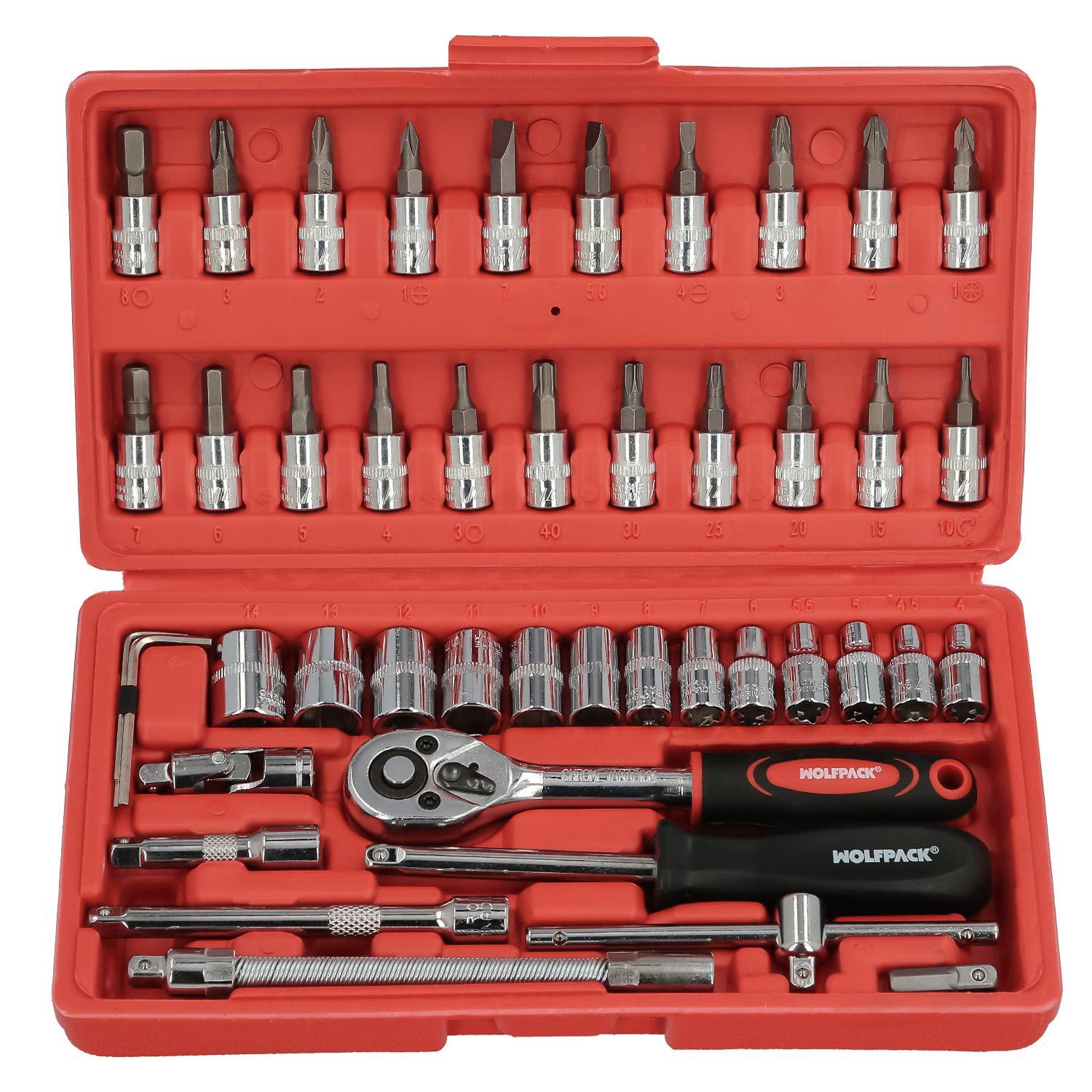 Juego Llaves De Vaso Y Puntas 1/4 46 Piezas. Con Apadtador. Cromo Vanadio, Kit Llave Combinada, Kit Carraca, Juego Llaves Vaso