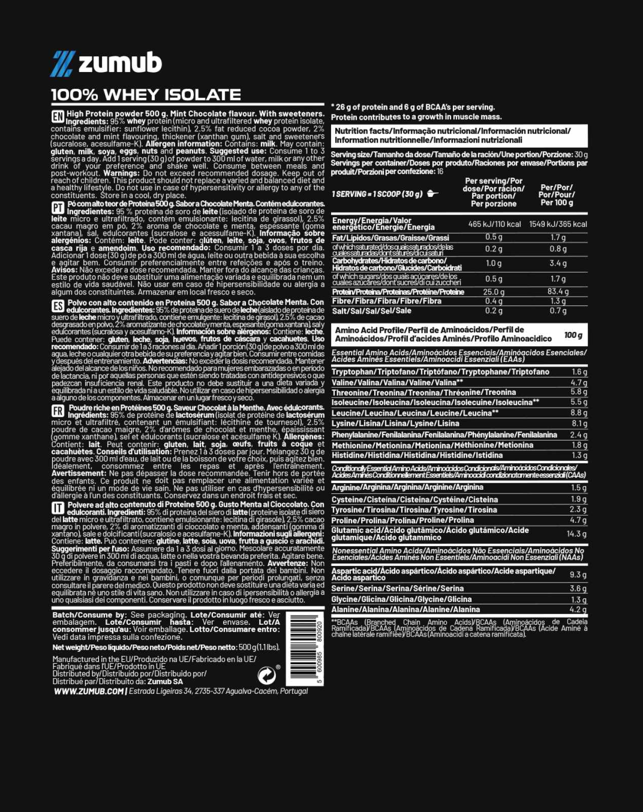 Zumub 100% Whey Isolate 500 G  - Chocolate-menta