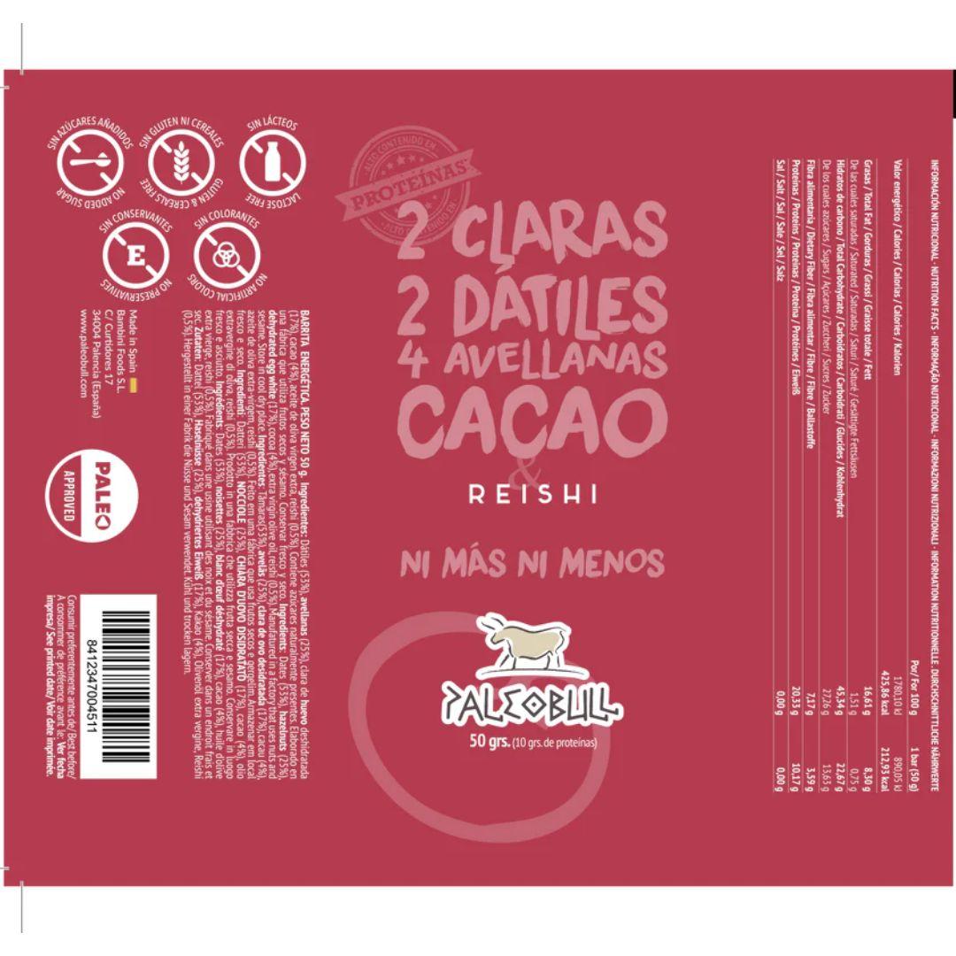 Barrita energética dátiles, avellanas, Reishi y Cacao PaleoBull, 50 g