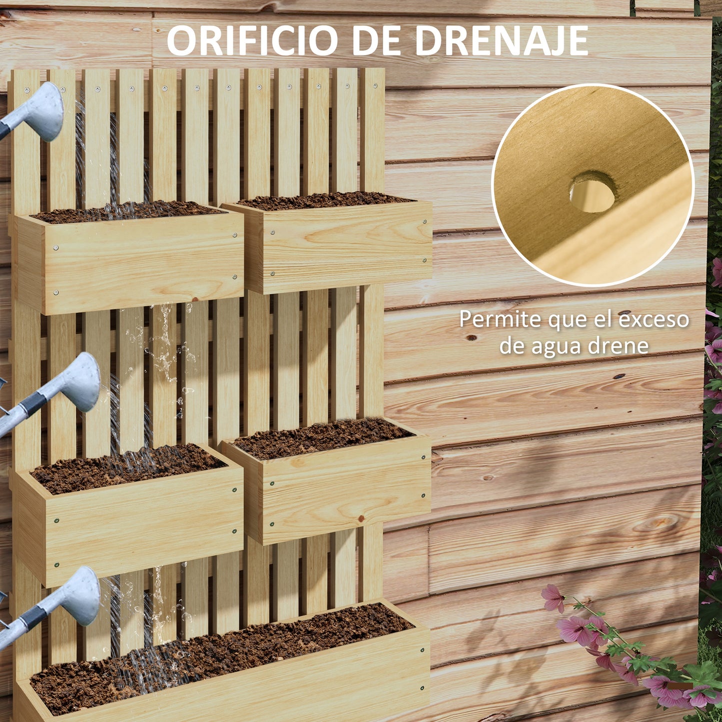 Outsunny Jardinera De Pared Con Enrejado De Madera 5 Macetas Móviles 60x16x100cm_5
