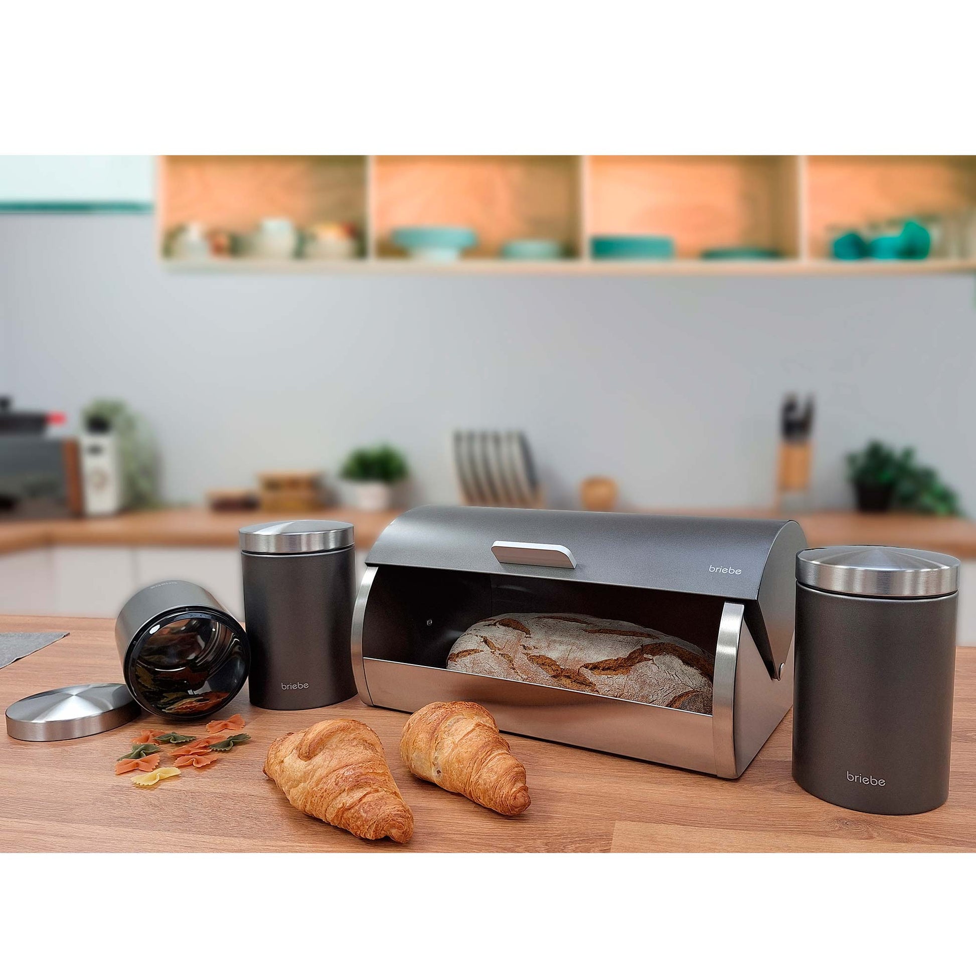 Panera De Mesa +juego 3 Botes Cocina Almacenaje Acero Inoxidable Contenedor De Pan Con Tapa, Briebe, Bb1161, Gris