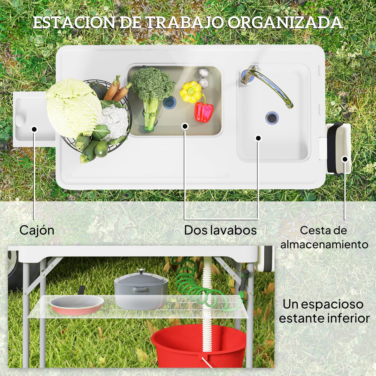 Outsunny Mesa Para Limpiar Pescado Portátil Con 2 Fregaderos Blanco_5
