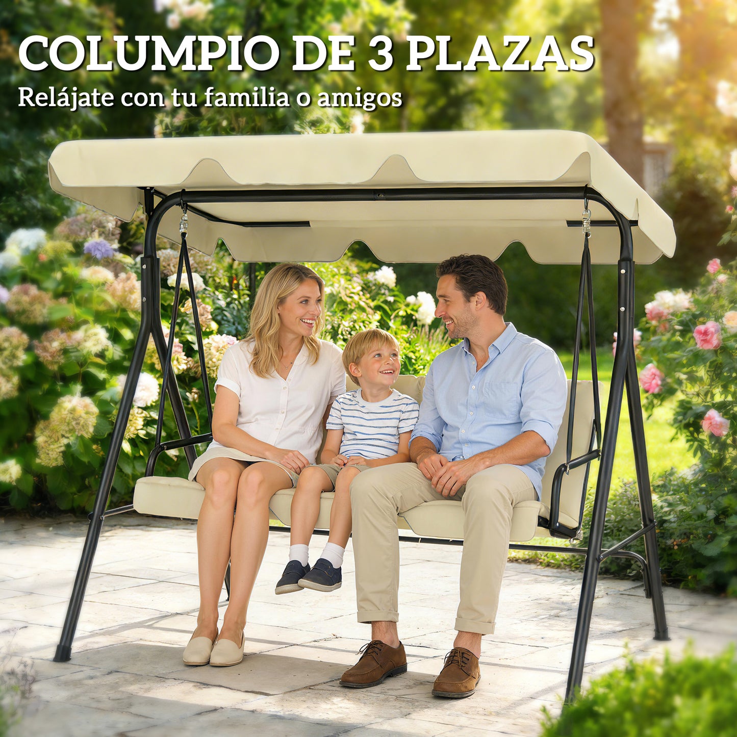 Outsunny Columpio De Jardín De 3 Plazas Techo Ajustable 172x118x153 Cm Beige_5