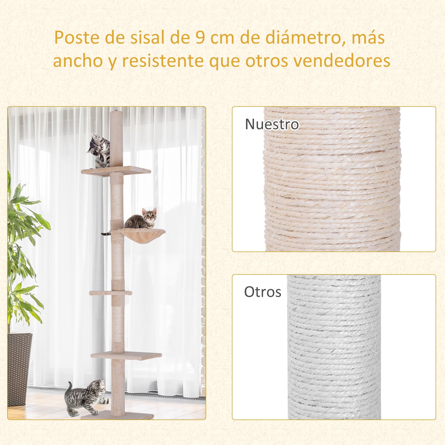 Pawhut Árbol Para Gatos De Suelo A Techo De 230-260 Cm Con Plataformas Beige_5