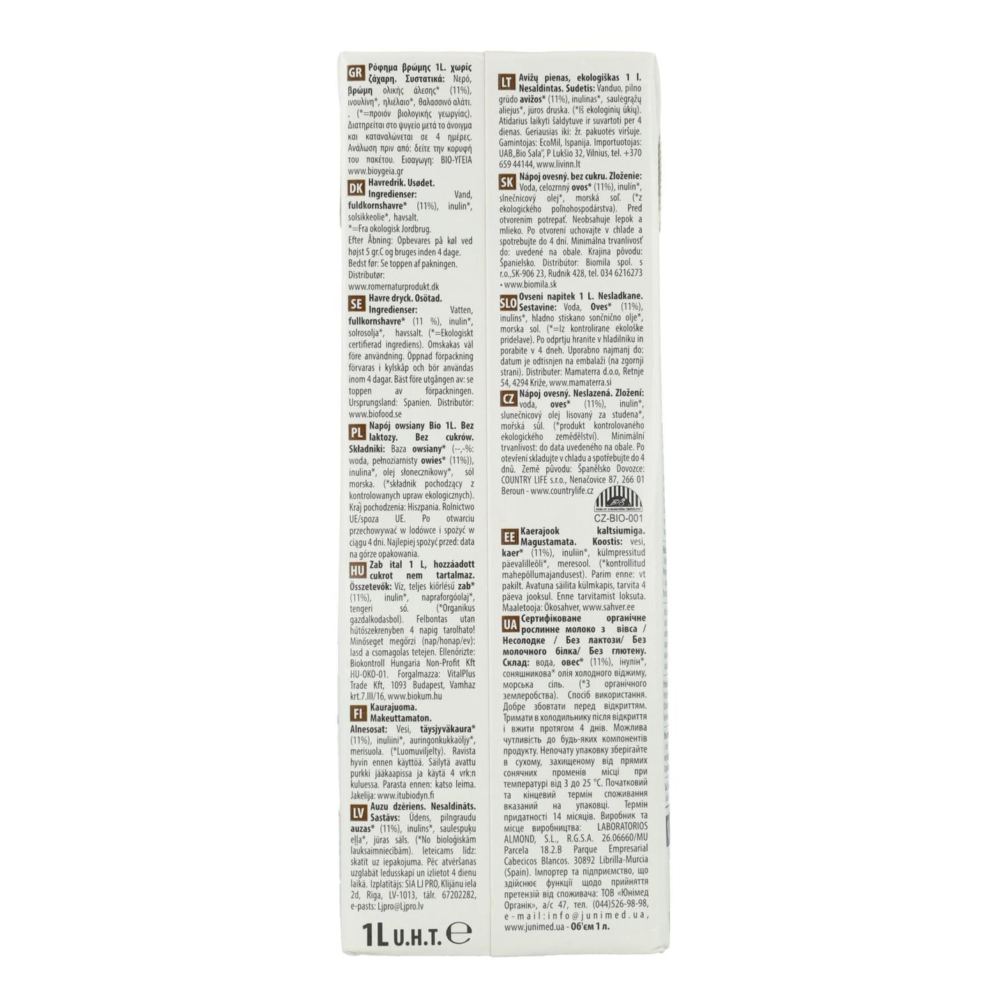 Pack 6 uds Bebida de Avena Integral 0% Azúcares Bio NaturGreen 1 L