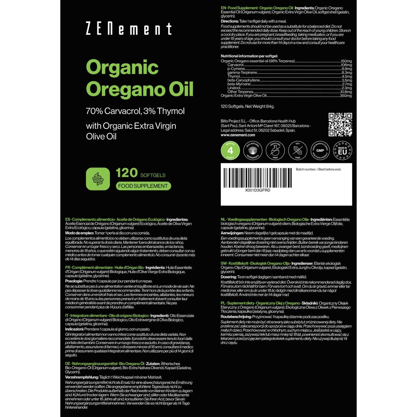 Aceite de orégano, 150 mg Zenement 120 comprimidos