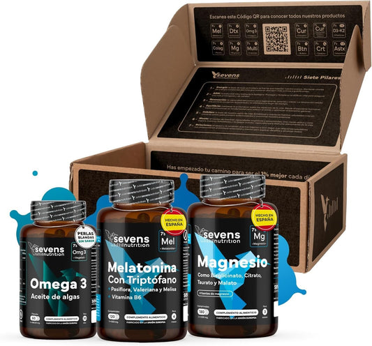 Pack Descanso: Melatonina, Magnesio Y Omega 3. Sevens Nutrition. Apoyo Nocturno Y Bienestar