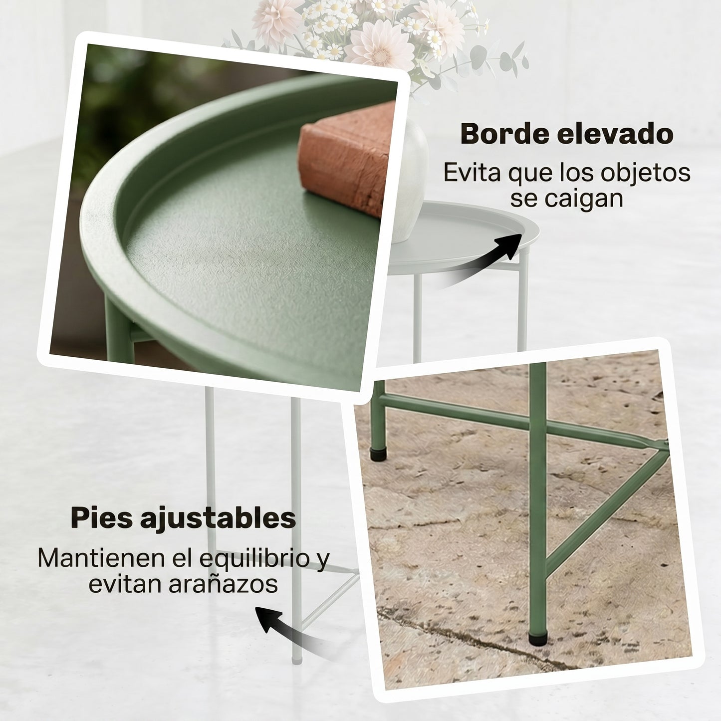 Outsunny Mesa Auxiliar Exterior Redonda Con Bandeja Extraíble Ø46x53 Cm Verde_5