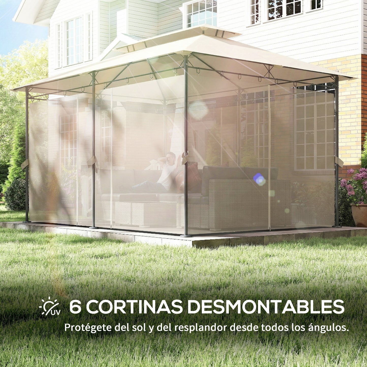 Outsunny Cenador De Jardín 4x3 M Con Doble Techo Paredes Laterales Beige_5