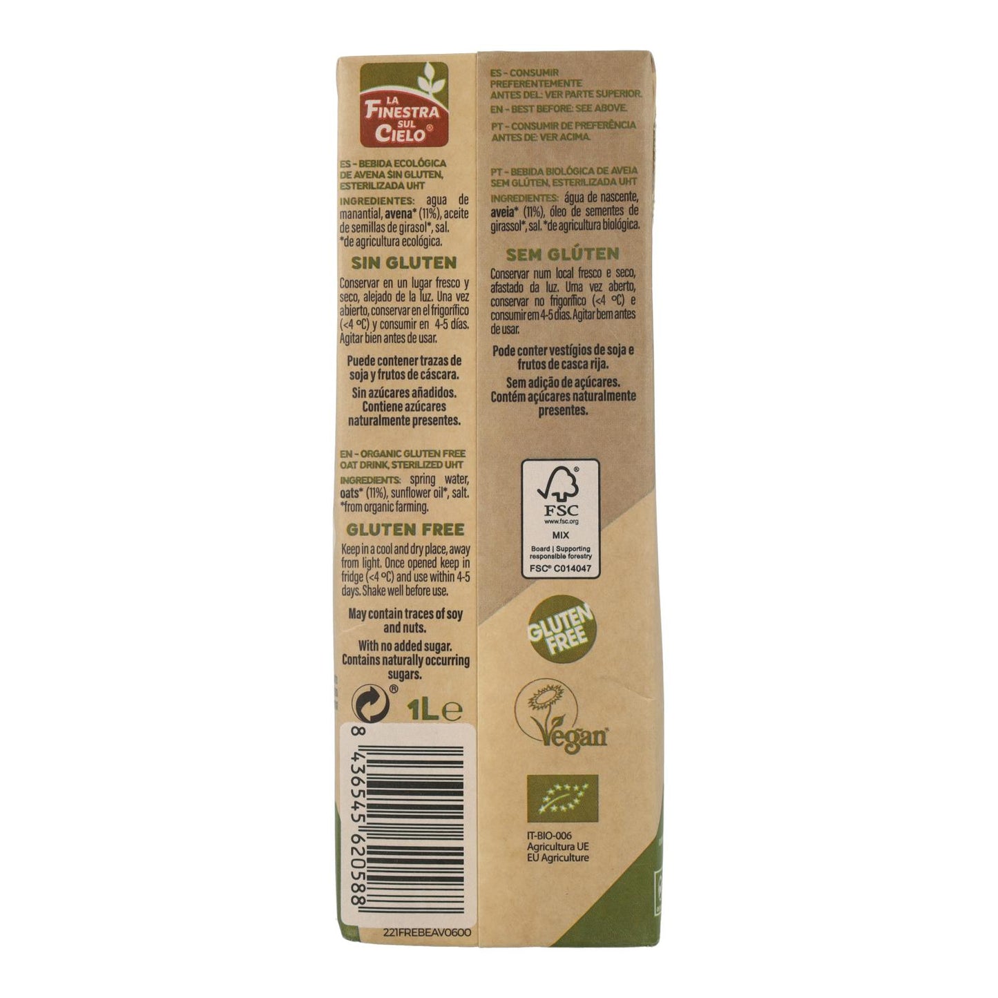 Bebida de Avena sin Gluten Bio La  Finestra Sul Cielo 1 L