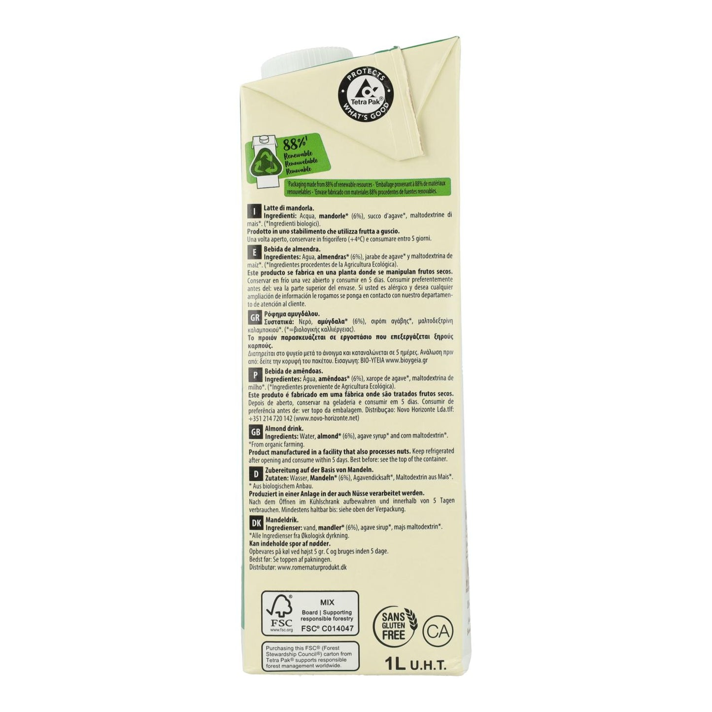 Pack 6 uds Bebida Vegetal de Almendra endulzada con Ágave BIO EcoMil 1L