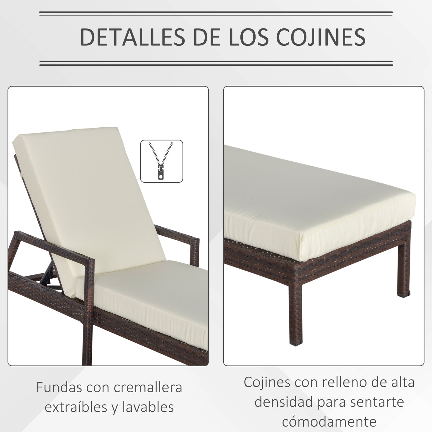 Outsunny Tumbona De Ratán Jardín Con Cojines Respaldo Ajustable Y 2 Ruedas Crema_5