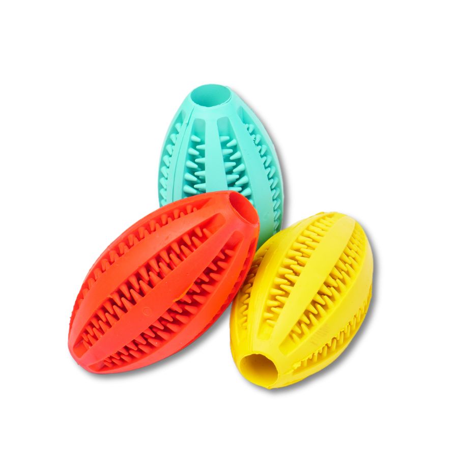 3 Pelotas Para Perro Dental Oval De 11cm Con Estrias Y Hueco Interior Para Premios