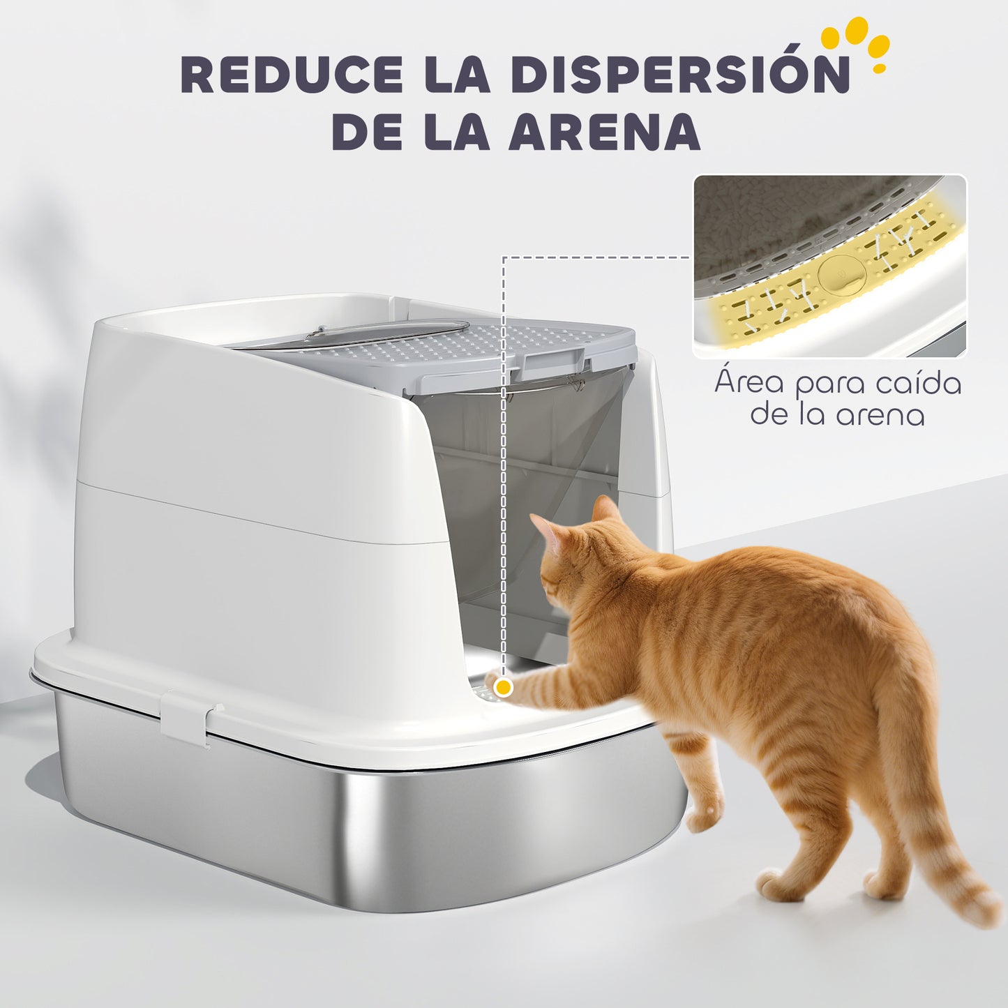 Pawhut Arenero Para Gatos De Acero Inoxidable L Con Tapa Abatible Blanco_5