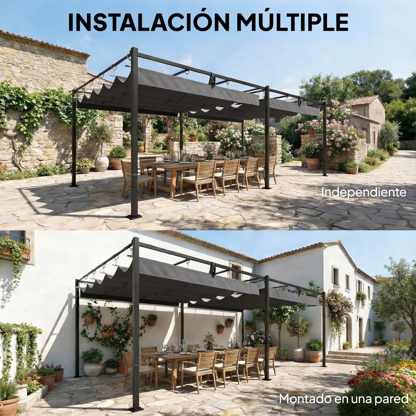 Outsunny Pérgola De Jardín 6x3 M Con Techo Retráctil Upf50+ Drenaje Gris Oscuro_5
