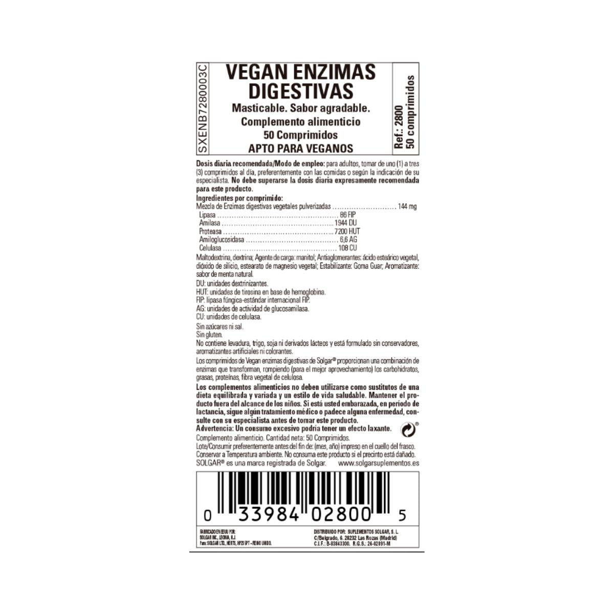 Vegan Enzimas Digestivas, 50 comprimidos masticables