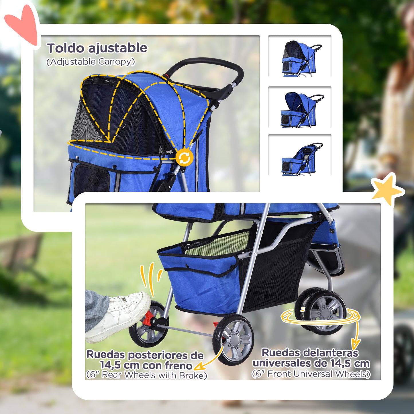 Pawhut Carrito Para Perros Plegable Con Cesta De Almacenaje 75x45x97 Cm Azul_5