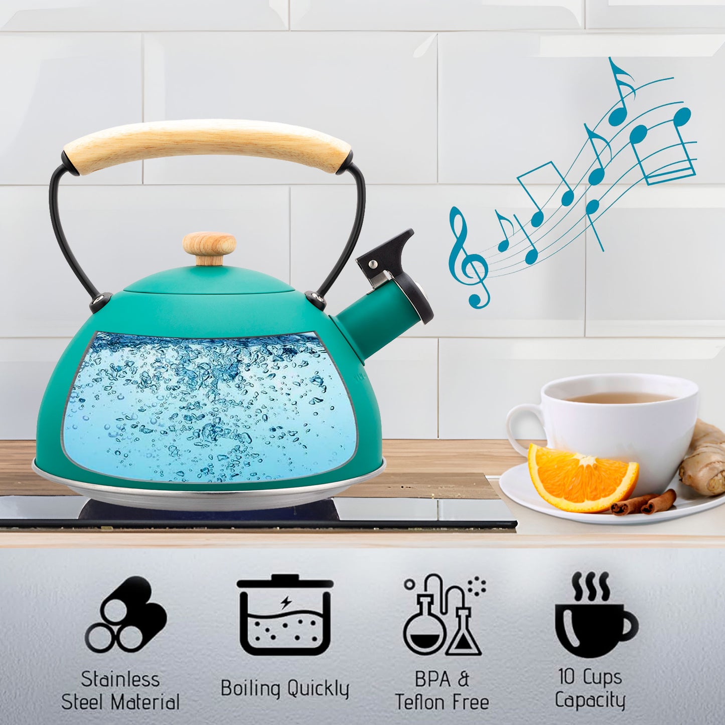 Tetera Con Silbato, Hervidor De Agua 2,5l, Inducción, Acero Inox, Vintage, Mango Madera, Briebe, Nordic, Verde