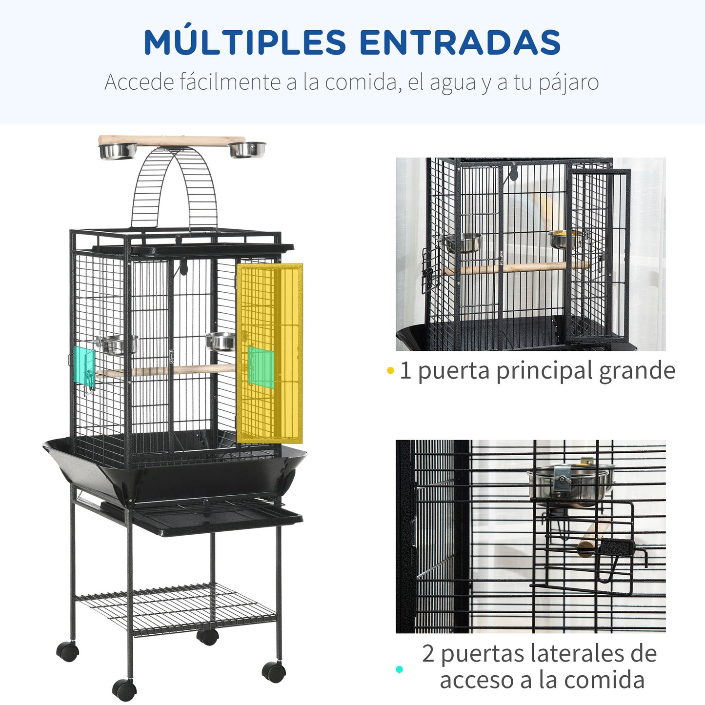 Pawhut Jaula Para Pájaros Con Soporte Ruedas 62,5x62,5x156cm 4 Comederos Gris_5