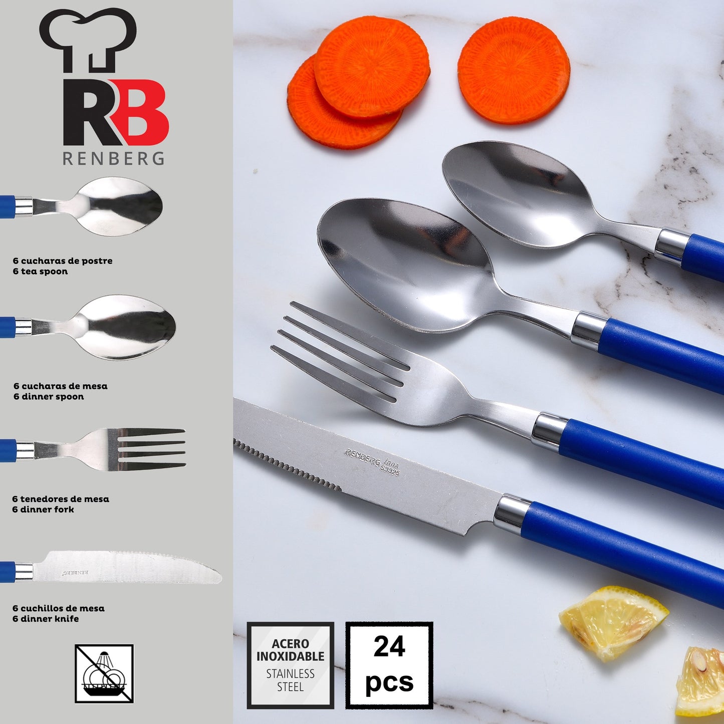 Pack De 3 Sartenes San Ignacio Ø16cm Ø20cm Ø24cm + Set De 24pc Cubertería En Acero Inoxidable Con Mangos De Color Azul_4