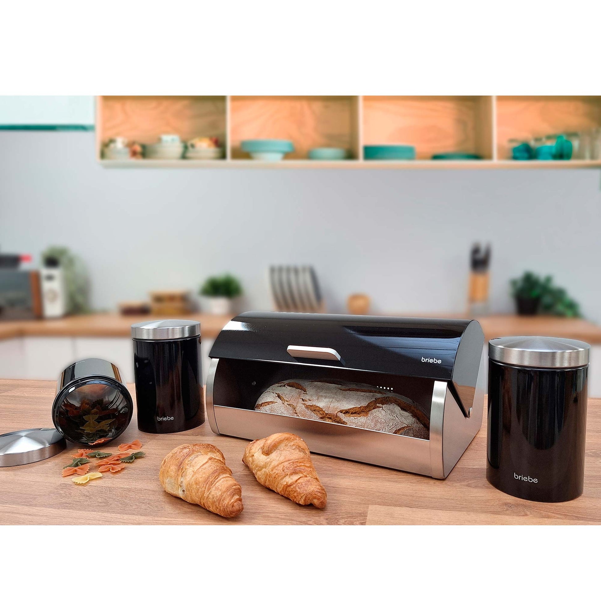 Panera De Mesa +juego 3 Botes Cocina Almacenaje Acero Inoxidable Contenedor De Pan Con Tapa, Briebe, Bb1161, Negro/inox