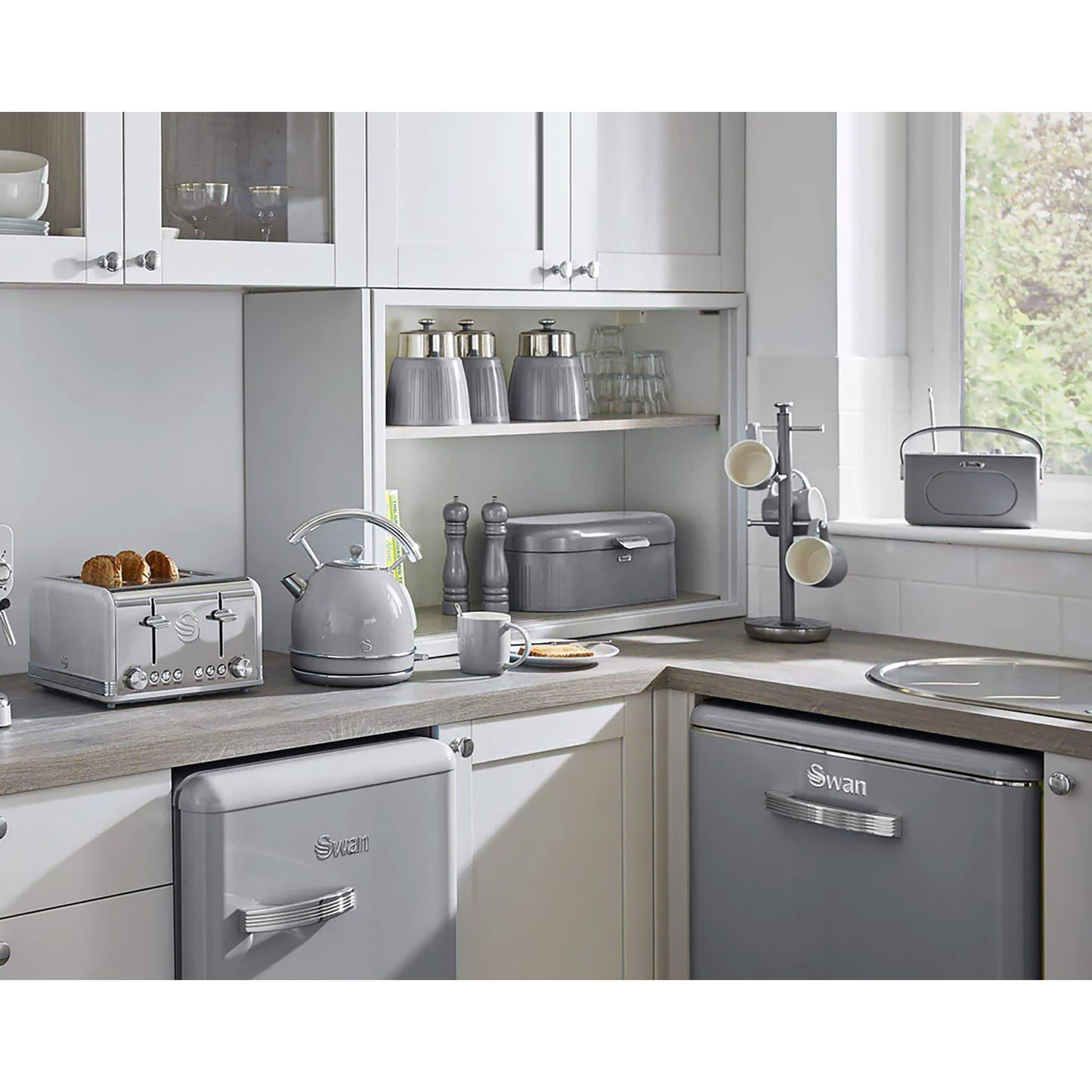 Set 3 Botes Cocina Almacenaje 1,2 L, Plástico Y Acero Inox, Especias, Té ,café, Retro, Vintage Swan Swka1024grn, Gris