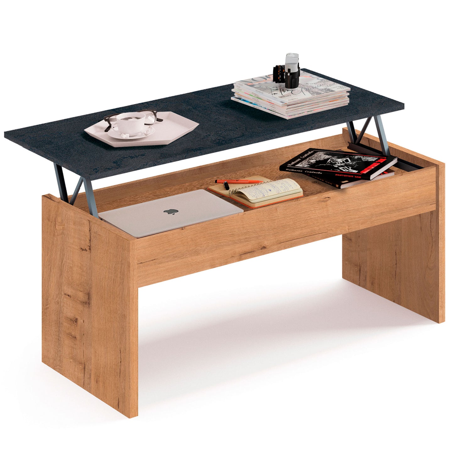 Mesa Centro Elevable, Comedor, Salón, Mesita Café Auxiliar Para Sofá, 47x100x50cm/58x100x50cm, Briebe, Opal, Madera