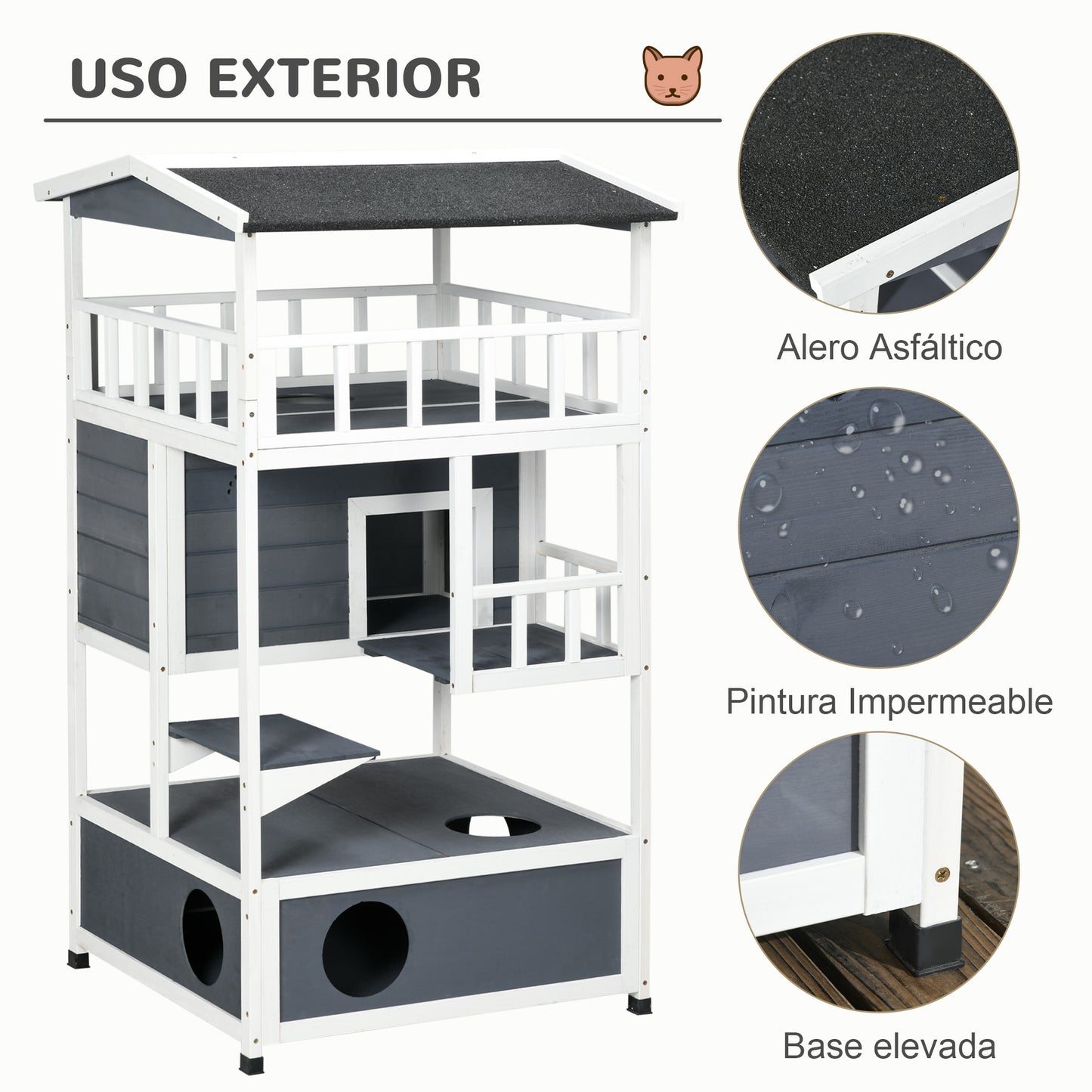 Pawhut Casa Para Gatos De Madera 75,5x75x137 Cm Con Techo Asfáltico Gris_5