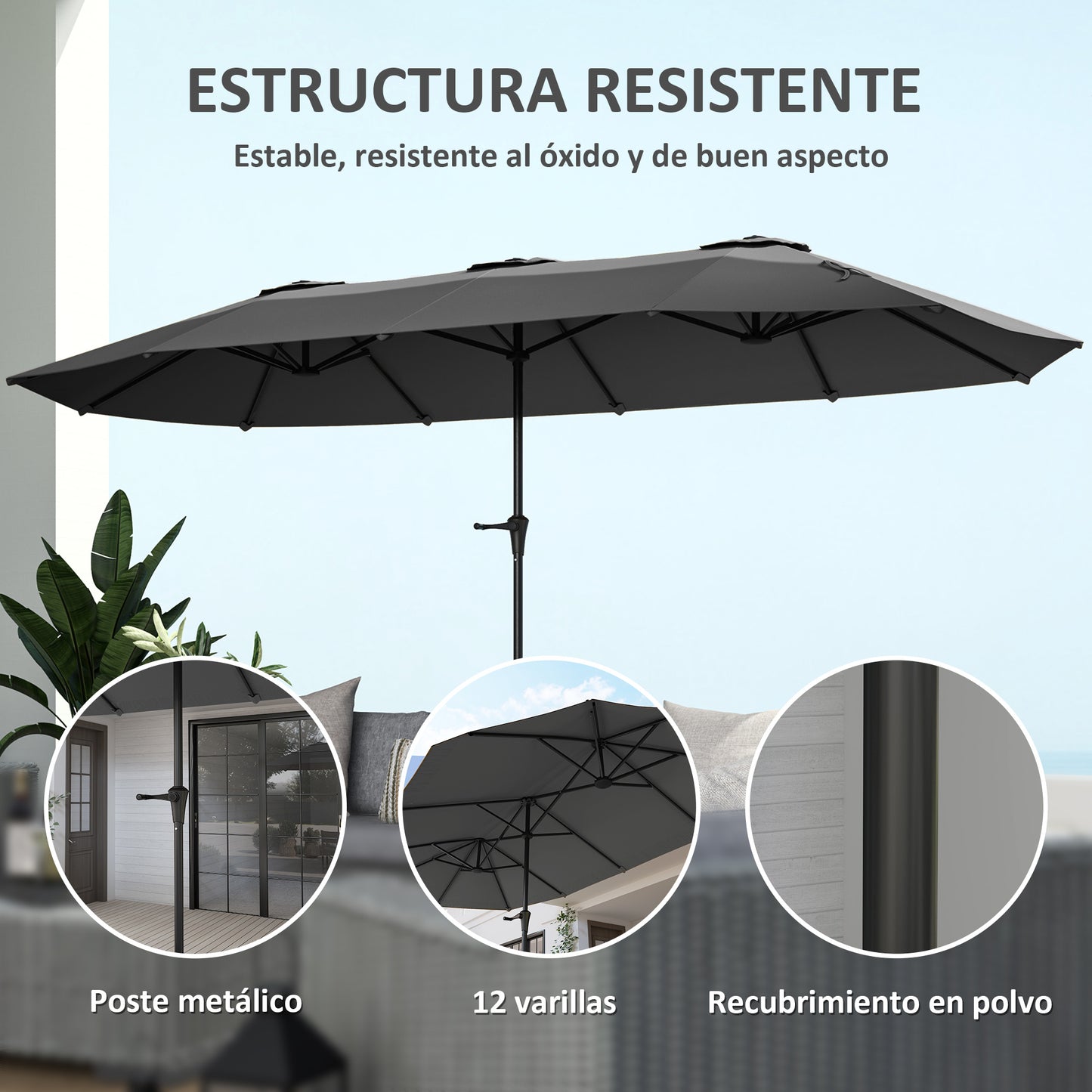 Outsunny Sombrilla Doble 4x2,2 M Con Manivela Manual Impermeable Gris Oscuro_5