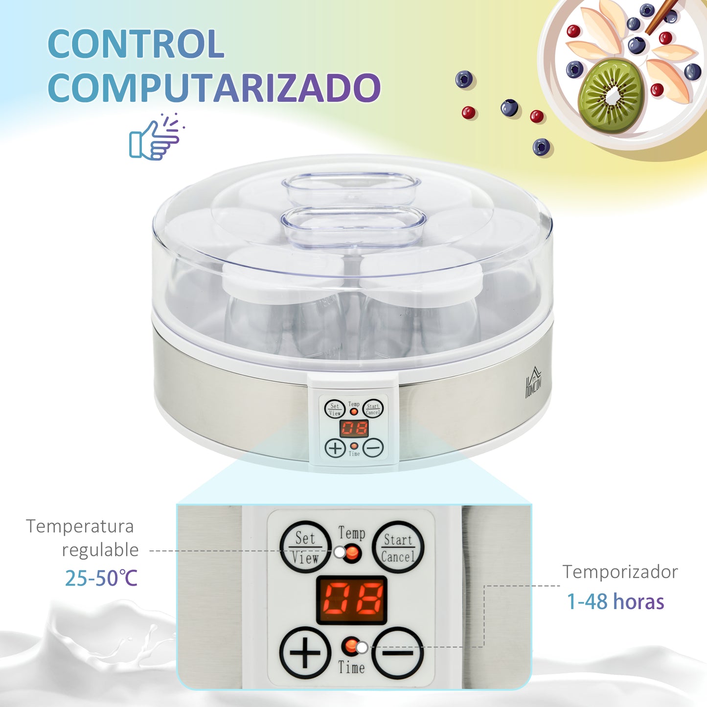 Homcom Yogurtera 20w 1,26l Con 7 Tarros De Cristal De 180 Ml 24x24x13 Cm Blanco_5
