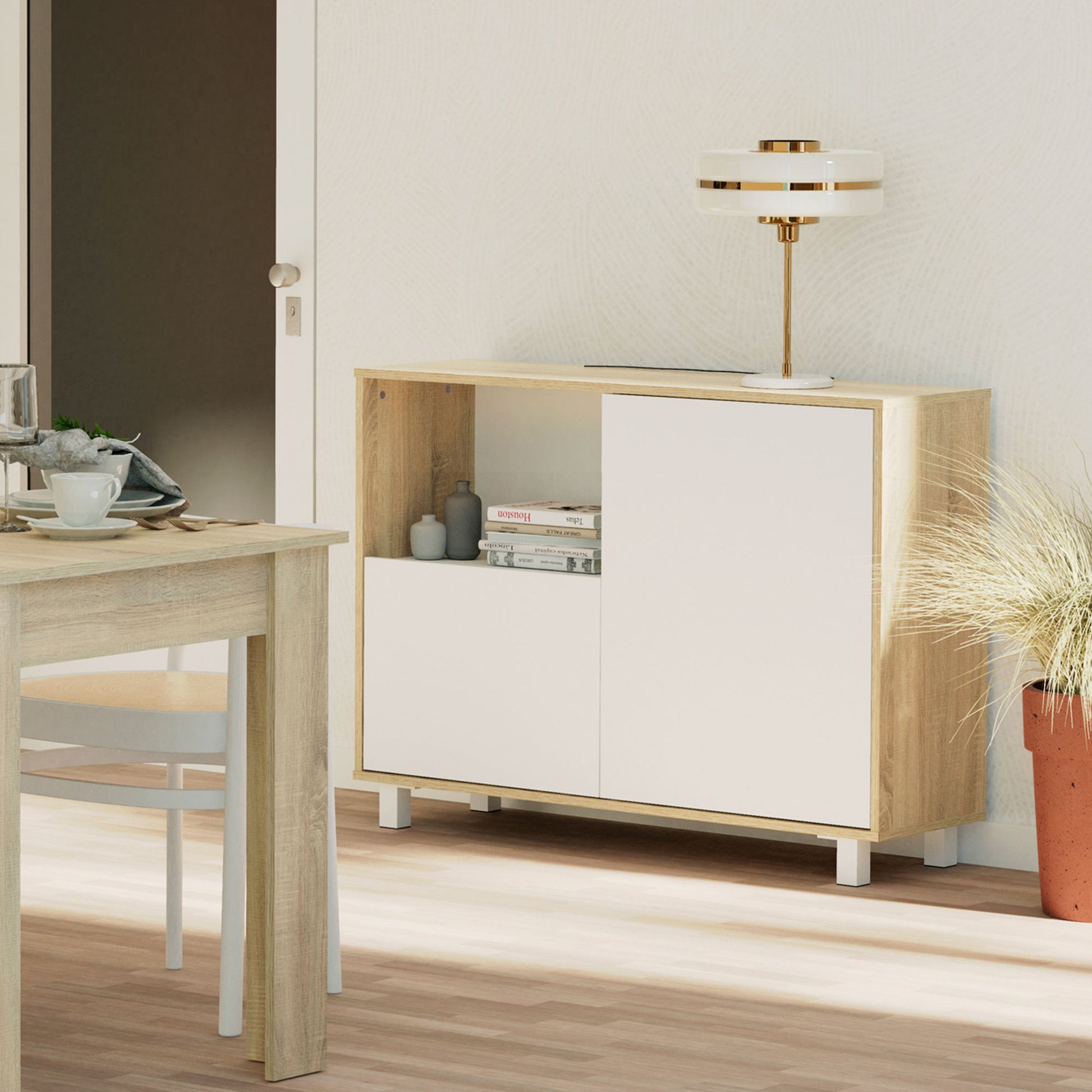 Aparador, Mueble Salón Auxiliar, Buffet, 2 Puertas, 1 Estante 82,5x112x33 Cm Recibidor Moderno, Briebe, Nova, Blanco