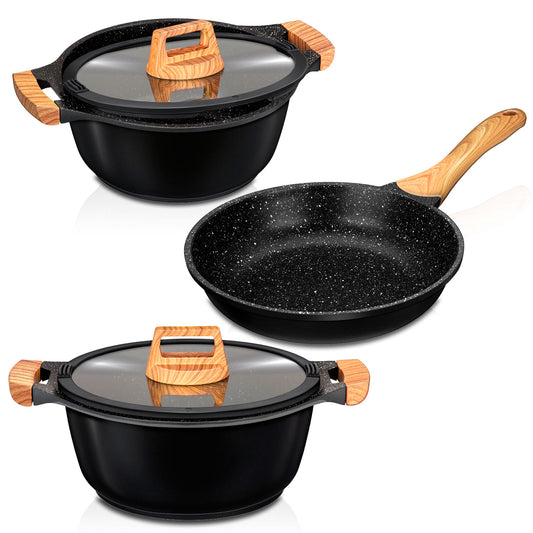Batería Cocina Inducción 3 Piezas Aluminio Fundido Antiadherente Ilag Sin Pfoa Set Cazuelas Sartén Smile Wood, Negro