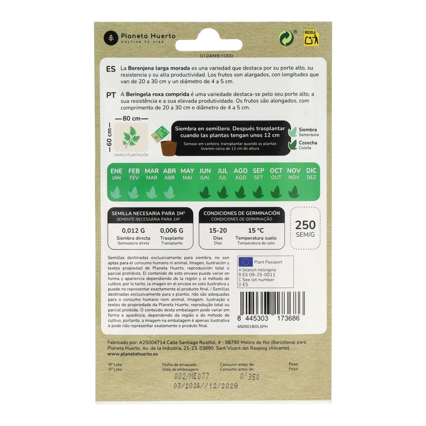 Semillas de Berenjena larga morada ecológicas Planeta Huerto