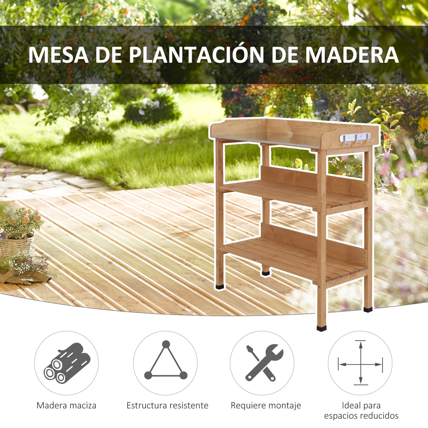 Outsunny Mesa De Plantación De Madera Con Placa Metálica Y 2 Estantes Natural_5