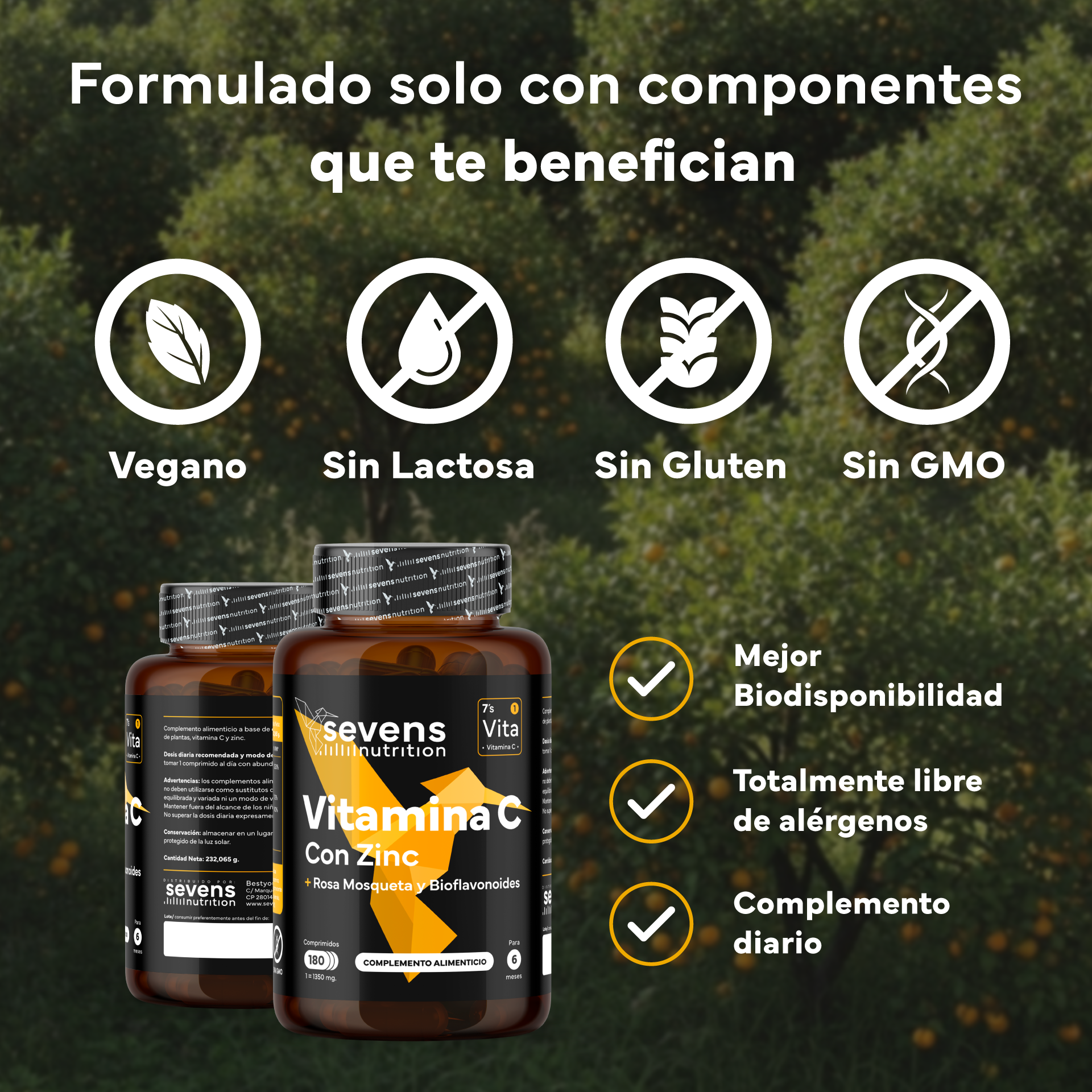 Vitamina C Con Zinc, Bioflavonoides Y Rosa Mosqueta De Sevens Nutrition. Refuerzo Del Sistema Inmunológico