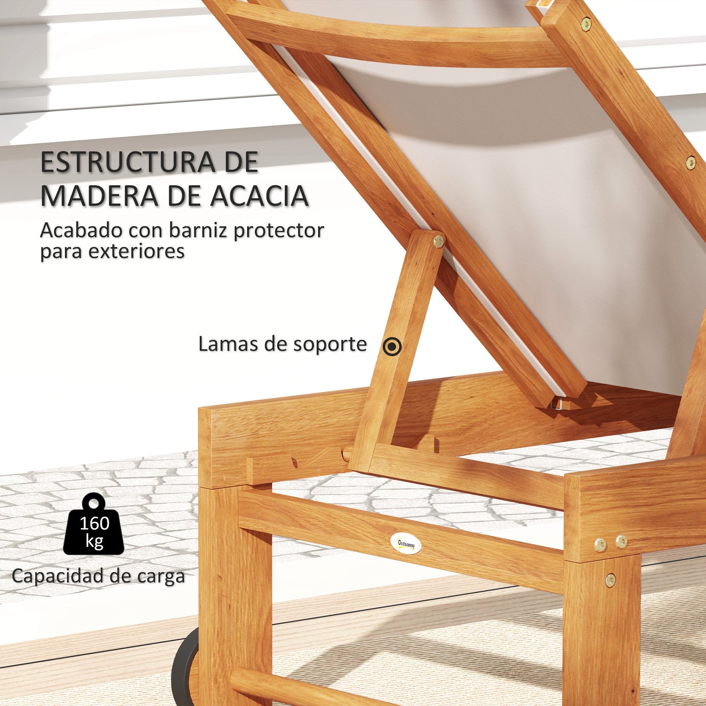 Outsunny Tumbona De Madera De Acacia Con Ruedas Respaldo Ajustable Gris Claro_5
