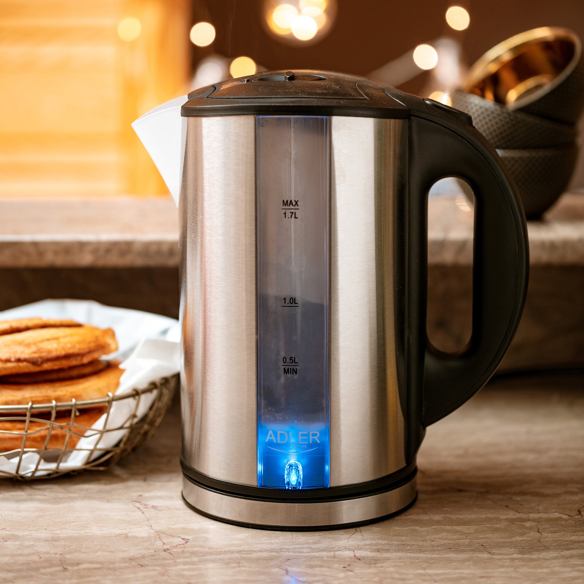 Hervidor Agua Eléctrico, 1,7l,  Acero Inox., Resistencia Oculta, Inalámbrico, Apagado Automático Adler Ad 1216, 2200w