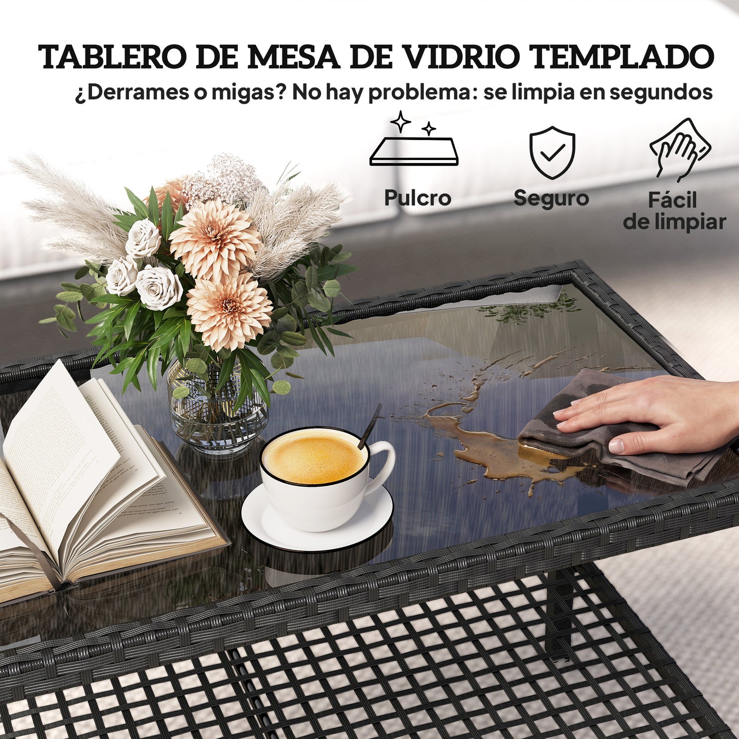 Outsunny Mesa De Jardín De Ratán Con Estante Tablero De Vidrio Templado Negro_5