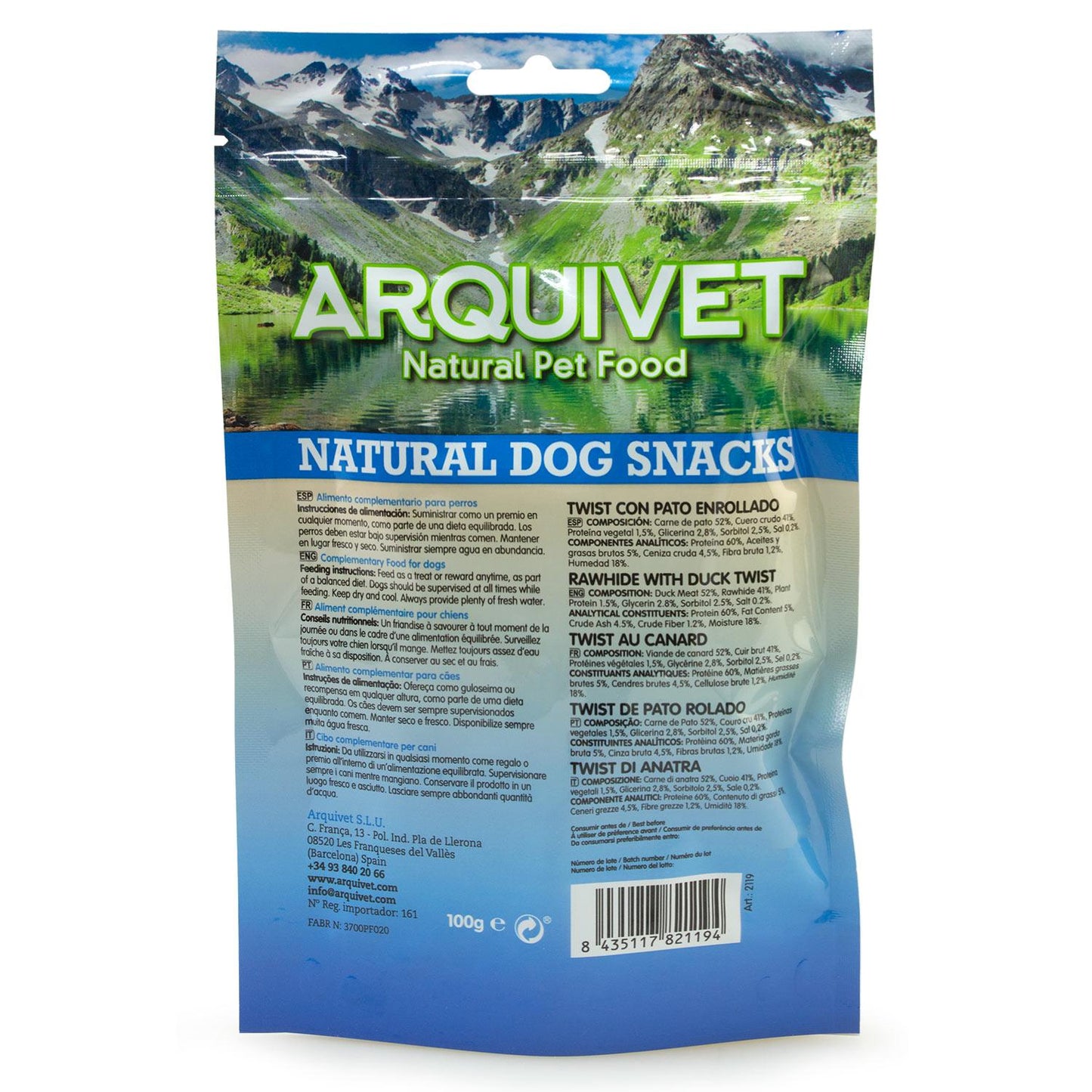 Snack natural para perros Twist de pato enrollado Arquivet 13cm 100gr