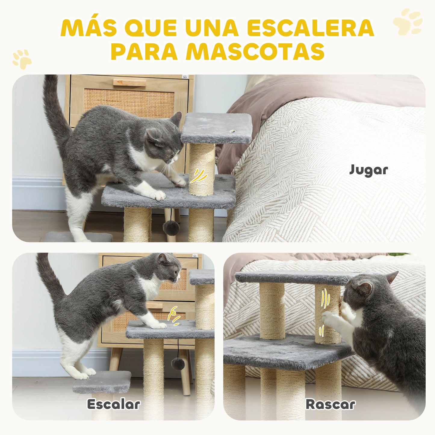 Pawhut Escalera Para Gatos De 3 Peldaños 52x34,5x54 Cm Gris_5